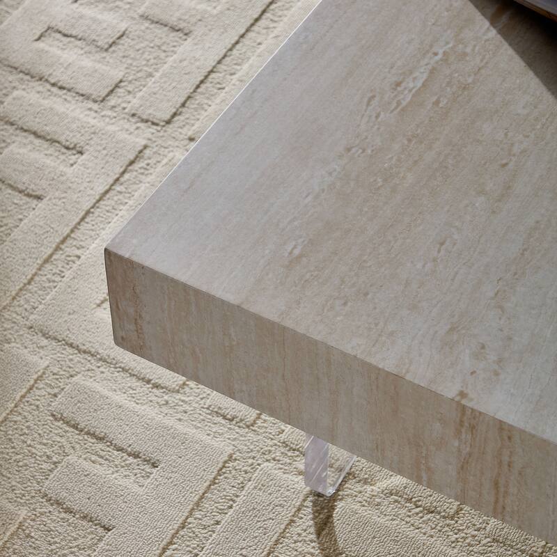 Square Faux Travertine Pattern Coffee Table for Living Room,Modern Design Coffee Table with Acrylic Legs for Office,Apartment