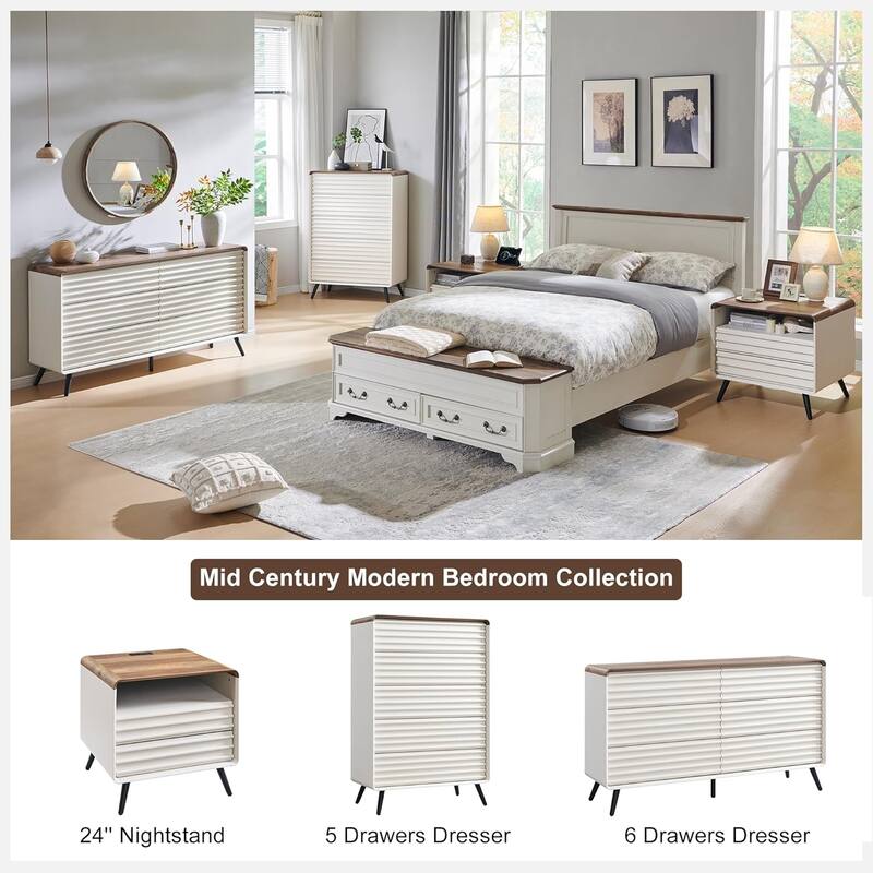 Mid Century Modern Nightstand with charging station, Wood End Table