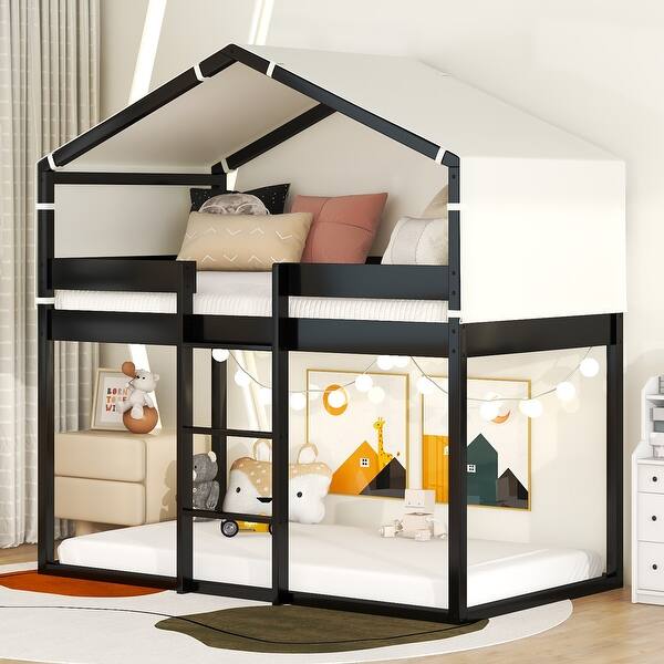 slide 2 of 9, Twin Over Twin Bunk Bed Wood Bed with Tent, Ladder, and Safety Guardrail Espresso