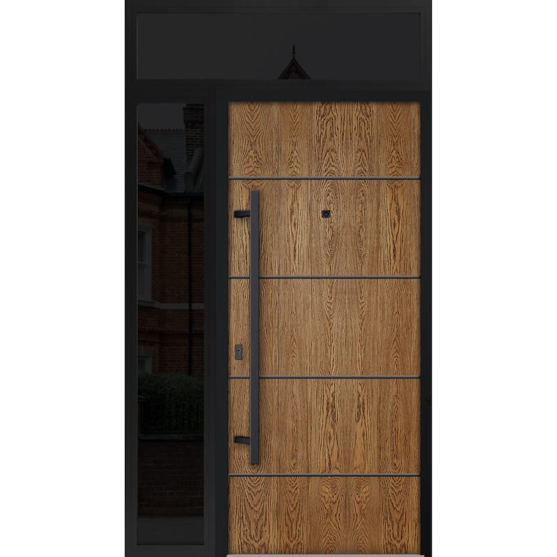 Exterior Prehung Steel Entry Door 0131 Black Enamel 2 Sidelites Top Window Stainless Steel Inserts W16+36+16xH80+16 - Beige - 48 x 96