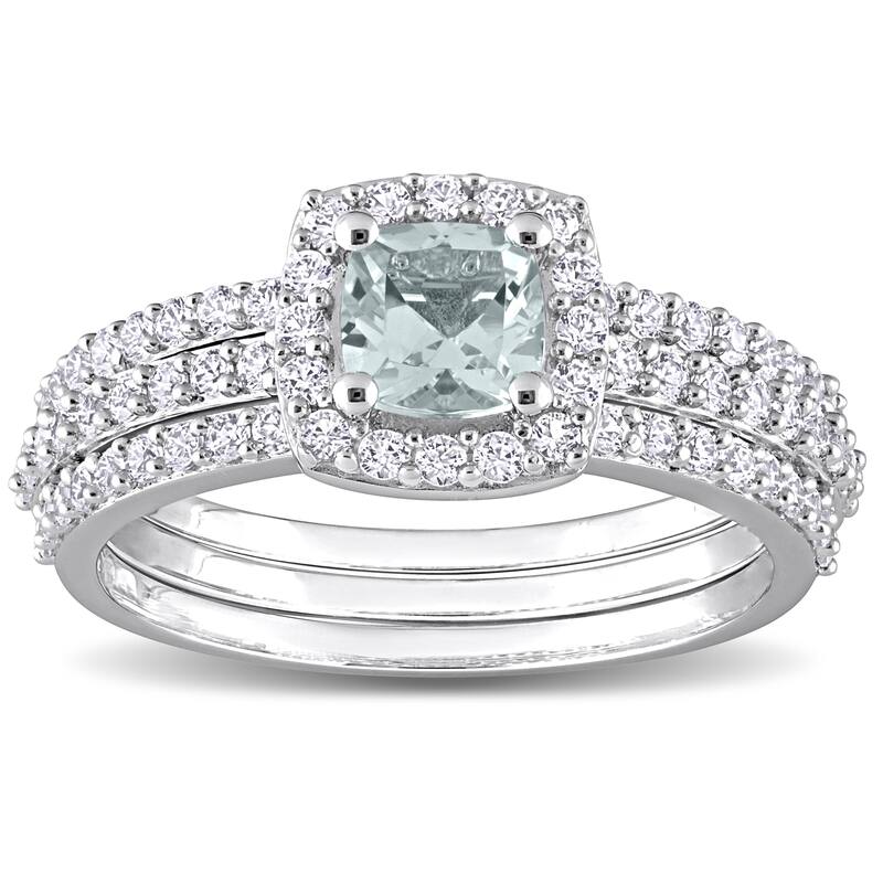 Miadora 1 1/3ct TGW Aquamarine Created White Sapphire Bridal Set Sterling Silver