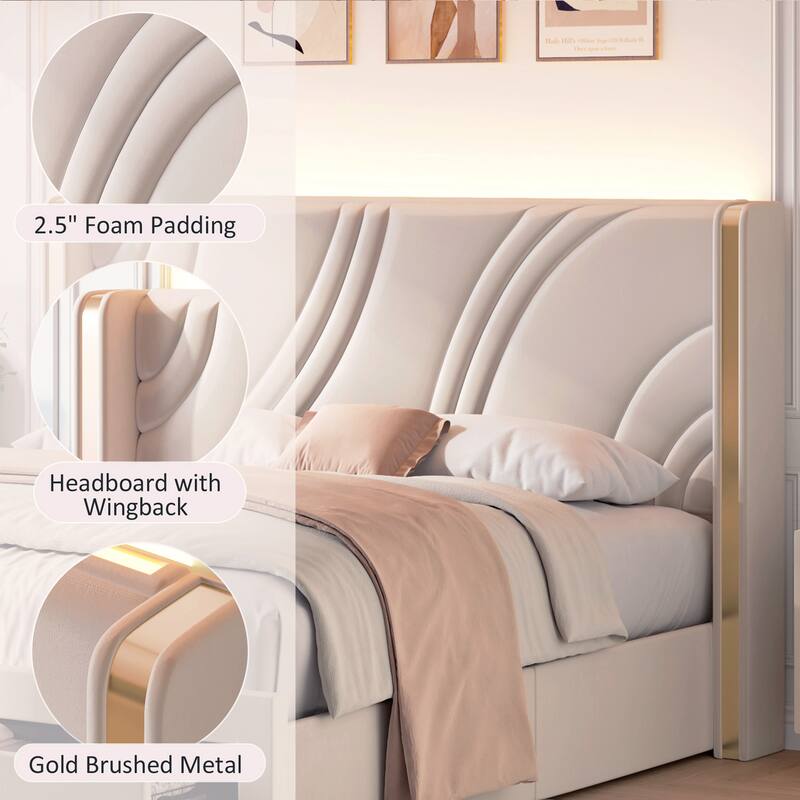 King Upholstered LED Storage Bed - Velvet - Beige