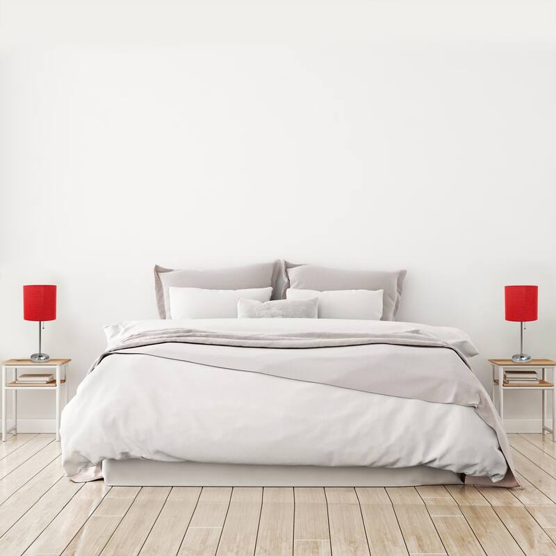 19.5 in. Brushed Steel Finish Table Lamp with Red Shade, Durable Stick Lamp for End/Side Tables, Set of 2