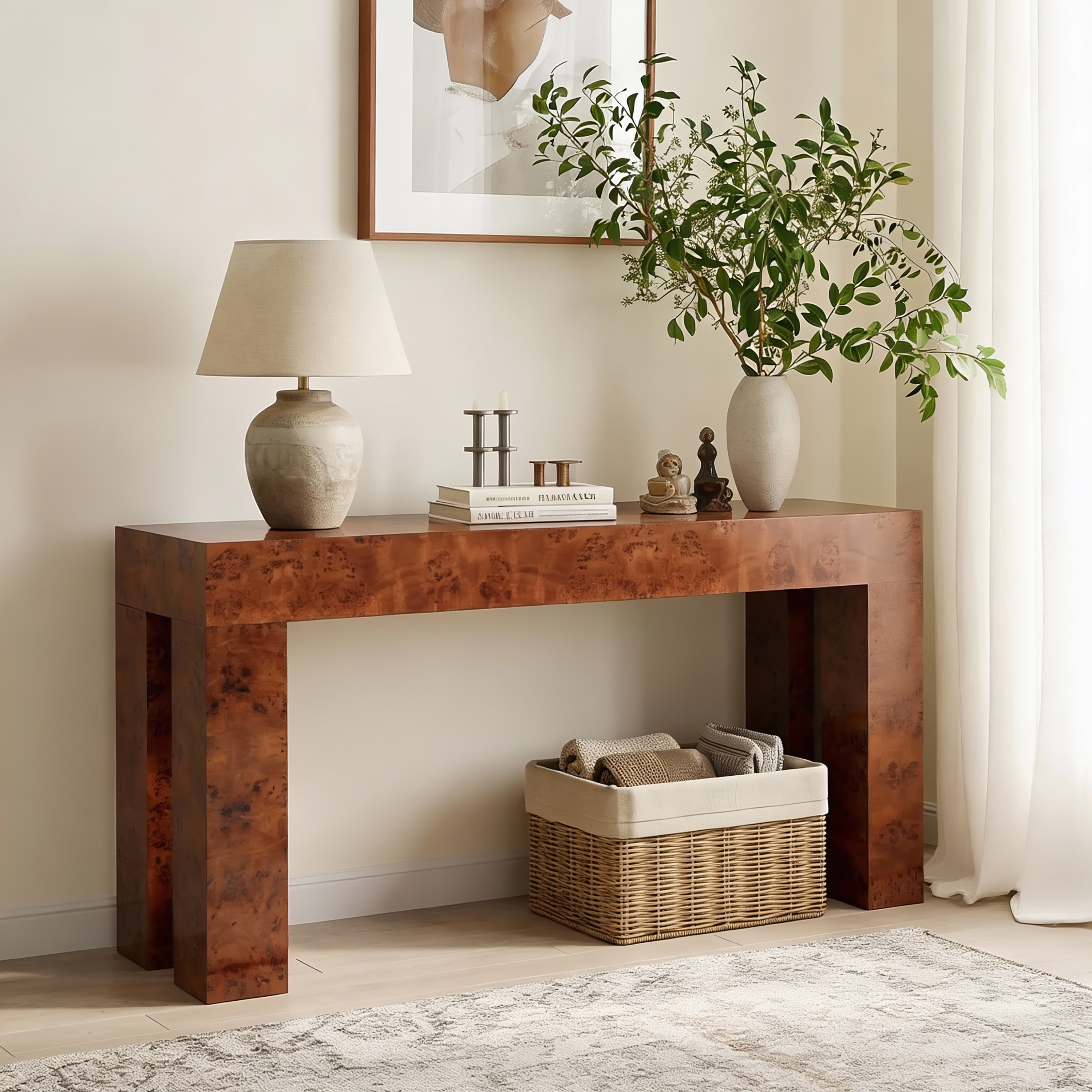 Christopher Knight Home - Burl 59.84 in. Brown Rectangle Wood Console Table with Thick Block Legs