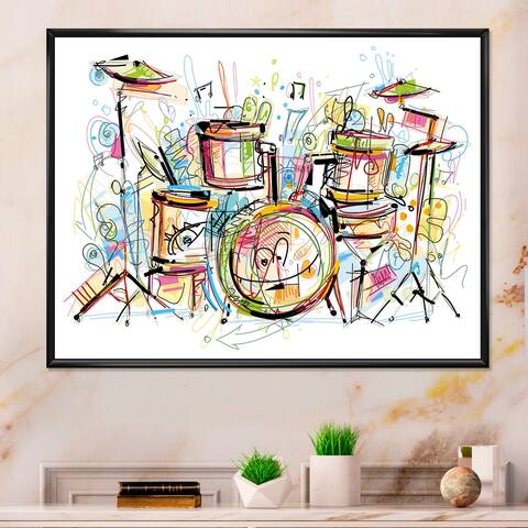 Designart "Music Drum Set Abstract Design" Modern Framed Canvas Wall Decor