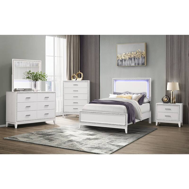 White Glam Nightstand with Crystal Handles and 2 Spacious Drawers