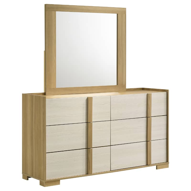 Hyle Wide Dresser with Mirror and 6 Drawers, Retro Brown and White