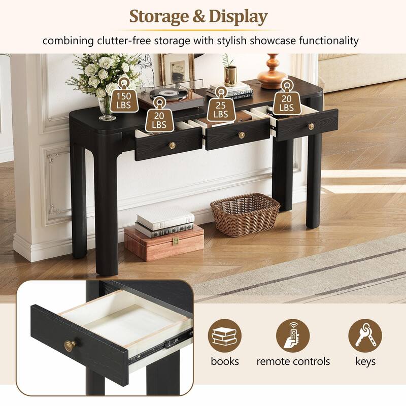 Rustic Console Table with Curved Corners for Safety - Entryway Table with 3 Concealed Drawers