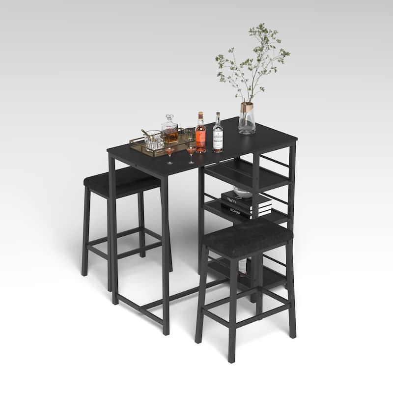 Metal Dining Table Set with 3 Large Storage Shelves and 2 Upholstered PU Leather Stools, Rectangular Dining Table Black