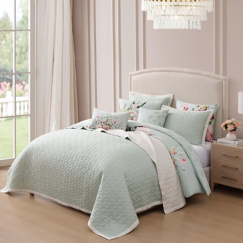 Bebejan Rose on Misty Green 8 Piece Reversible Comforter & Coverlet Set