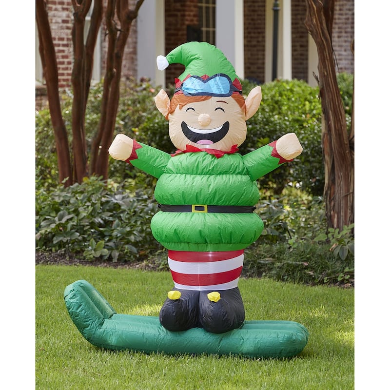 Elf on Snowboard 60in Christmas Inflatable - 49"L x 20"W x 60"H - Green - Polyester/Plastic