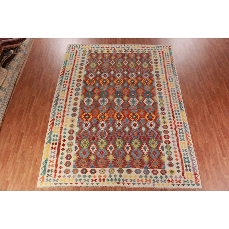 Kilim Oriental Area Rug Hand-Woven Geometric Wool Carpet - 10'3"x 13'1"