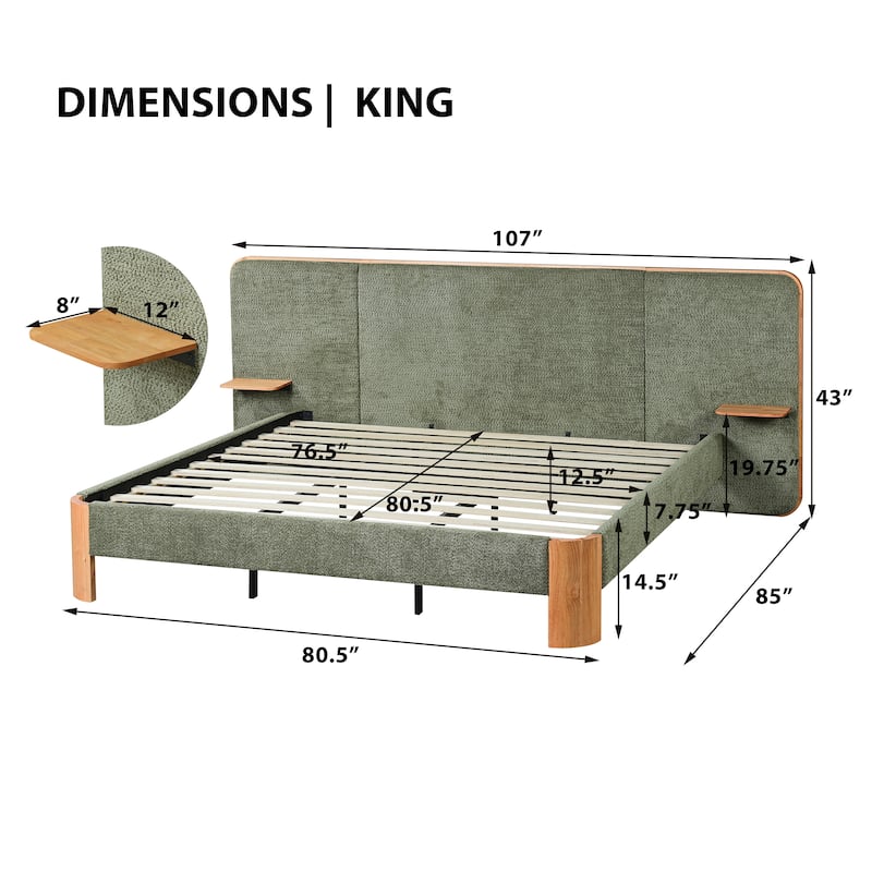 Christopher Knight Home - Modern Boucle Upholstered Platform Bed with Built-In Floating Shelves