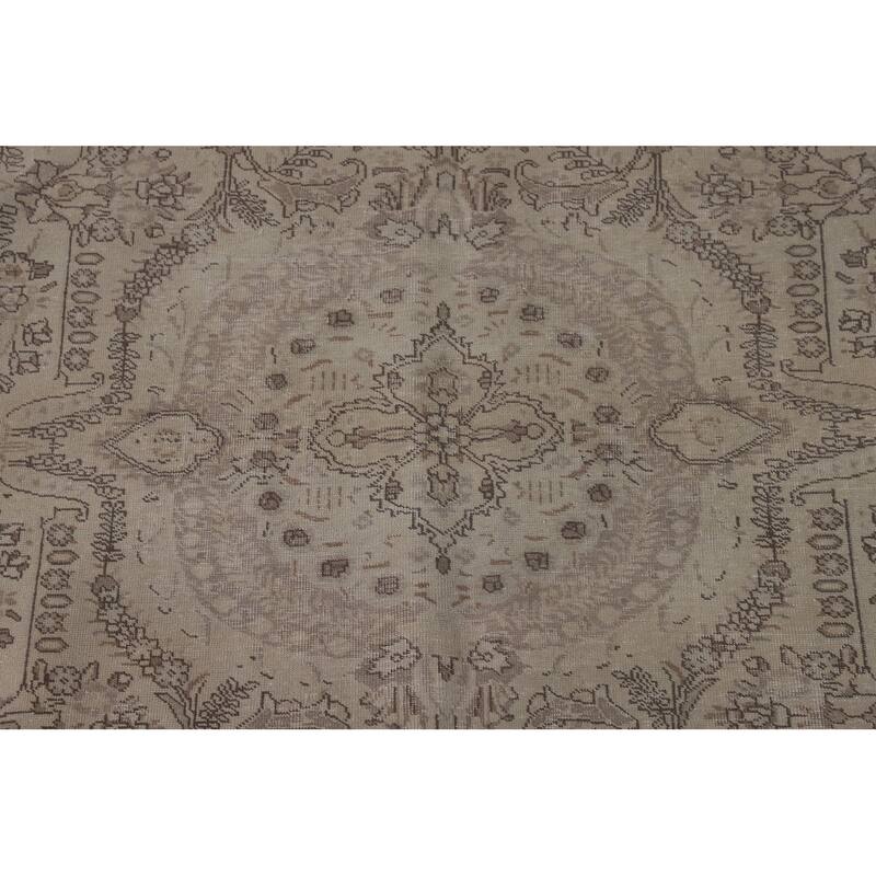 Distressed Tabriz Persian Vintage Rug Hand-Knotted Beige Wool Carpet - 8'0"x 10'7"