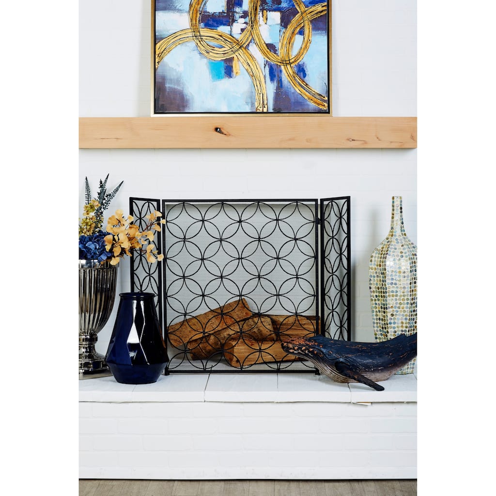 Black Metal Foldable Mesh Netting 3 Panel Geometric Fireplace Screen