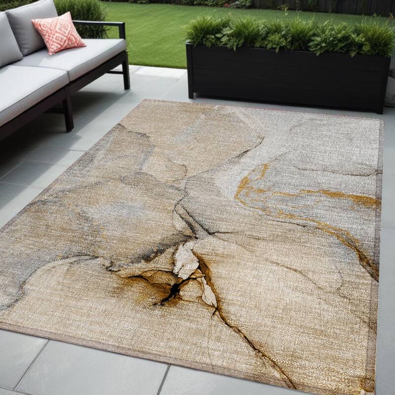 Elfi Contemporary Abstract Weather Resistant Classic Meets Modern Outdoor Rug - 5' X 8' - Beige