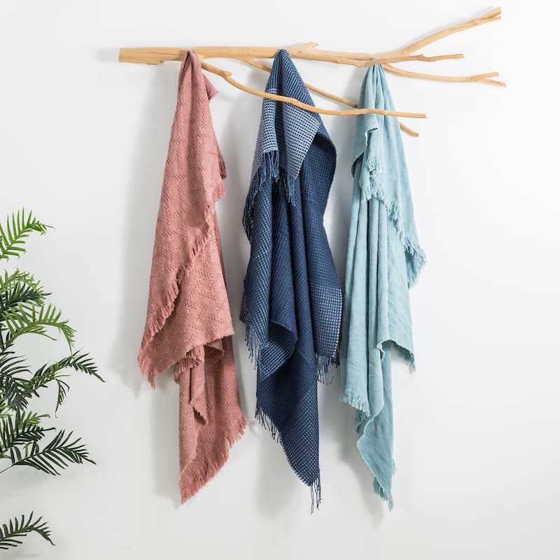 Glitzhome Warm Lightweight Dusty Pink Grid Cotton Woven Throw
