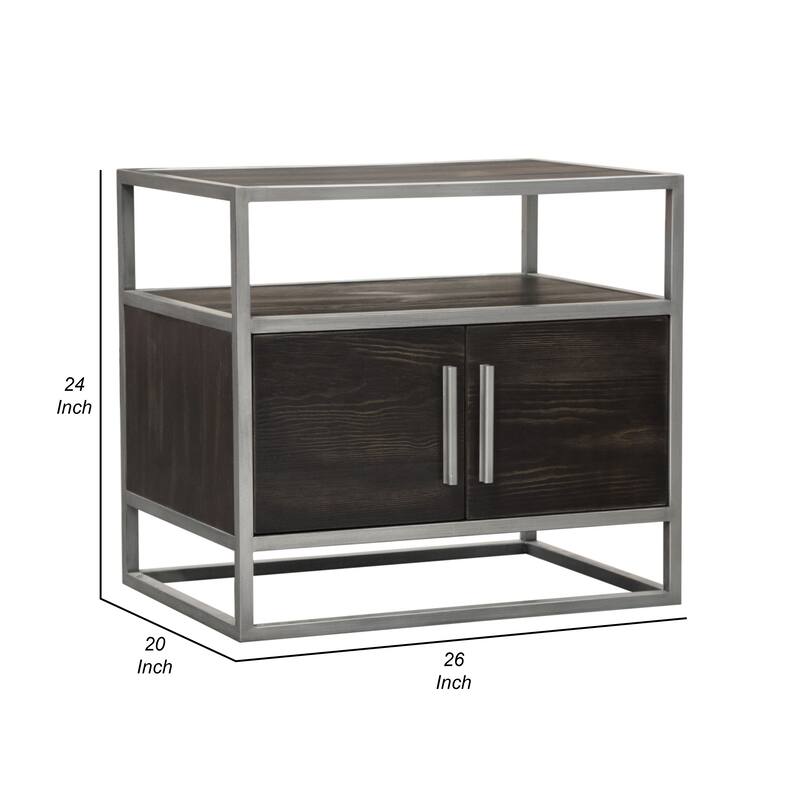 Chek 26 Inch Side Table Nightstand, 2 Doors, 1 Shelf, Dark Brown, Silver Steel