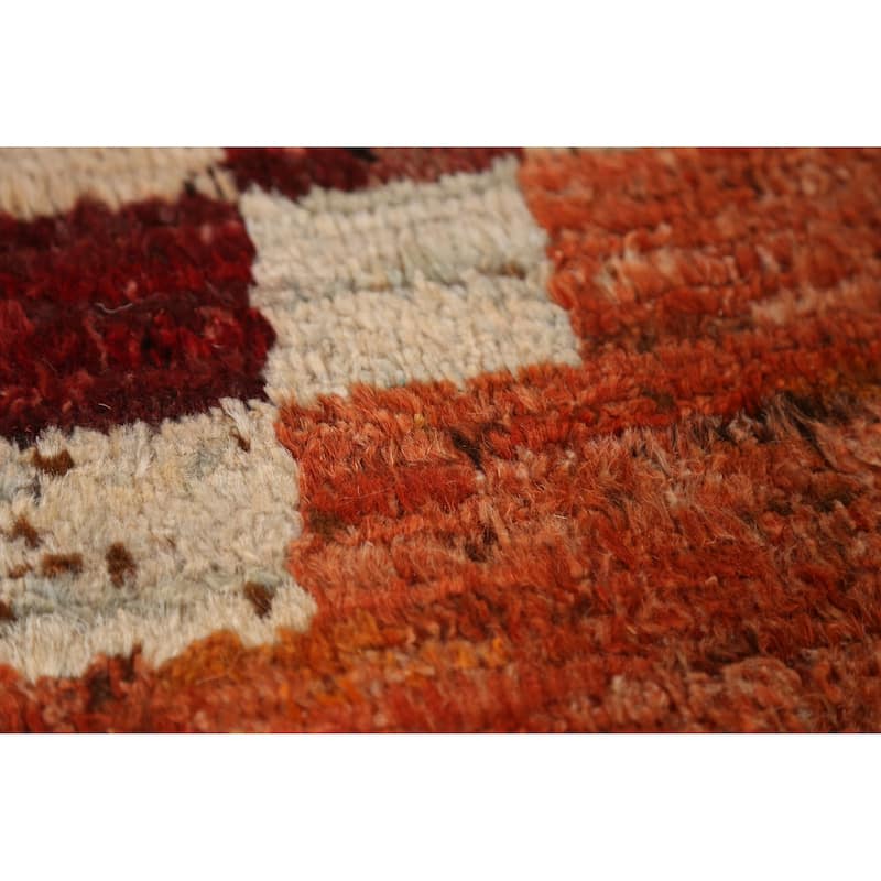 Checkered Orange Moroccan Oriental Rug Handmade Wool Carpet - 6'7" x 9'8"