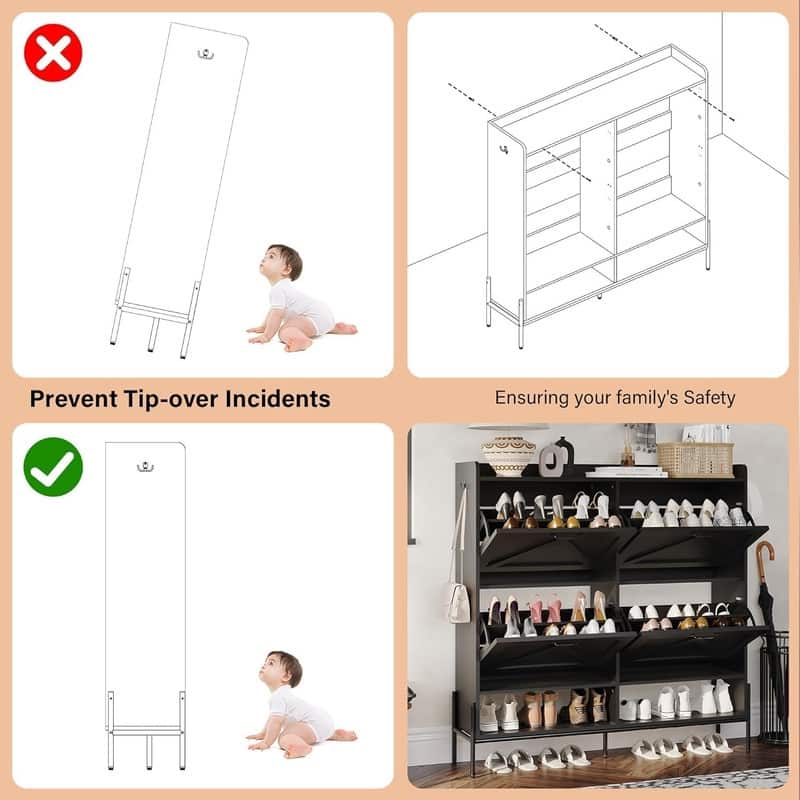 Shoe Cabinet with 4 Flip Drawers and Open Shelves