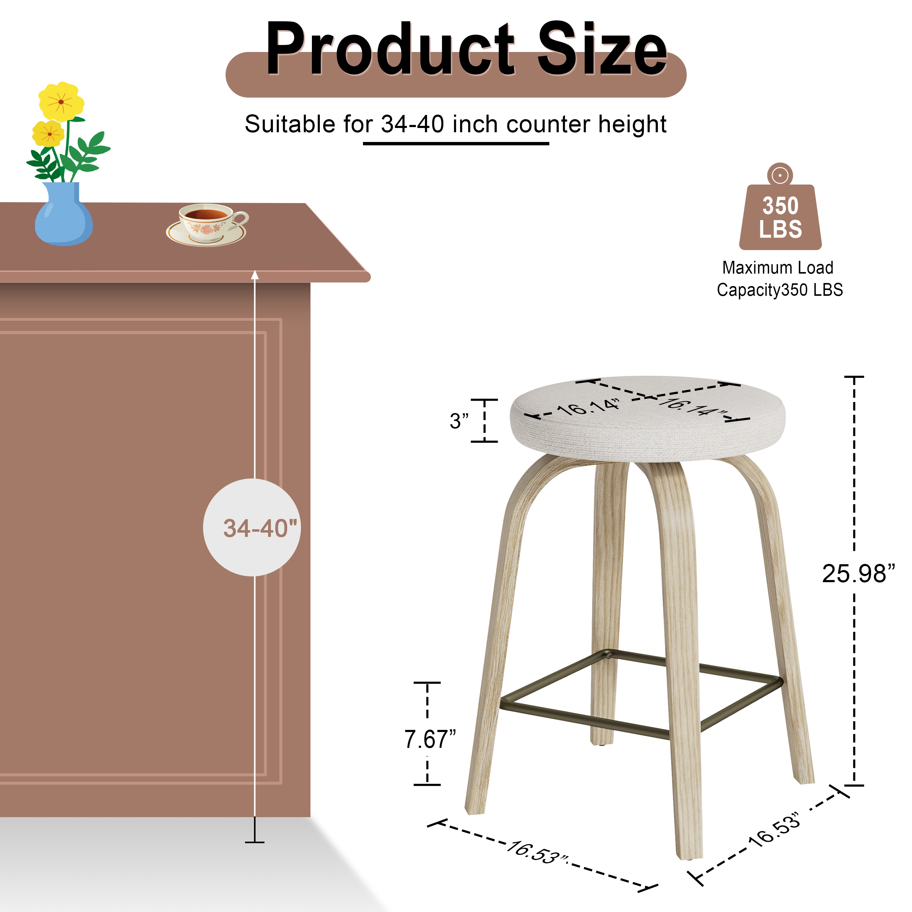 Swivel Bar Stools Set of 2, Counter Height Backless 26″Bar Stool, Fabric Upholstered Seat, Sturdy Wood Legs and Metal Footrest