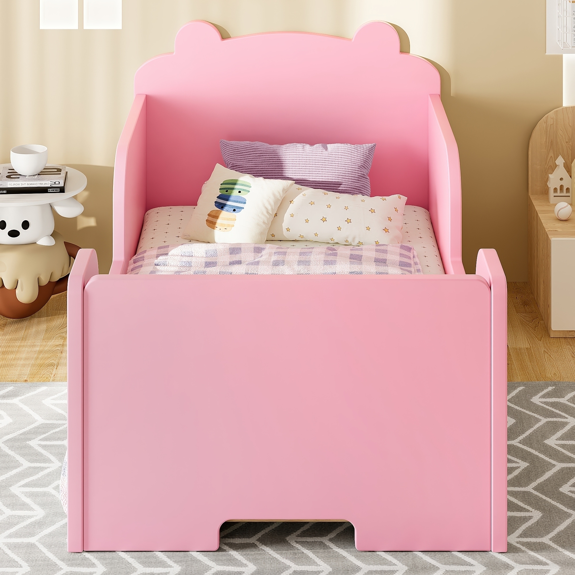 Roomfitters Bear-Shaped Toddler Floor Bed, Wood Cot with Safety Guardrails, Modern Montessori Low Profile Kids Bed