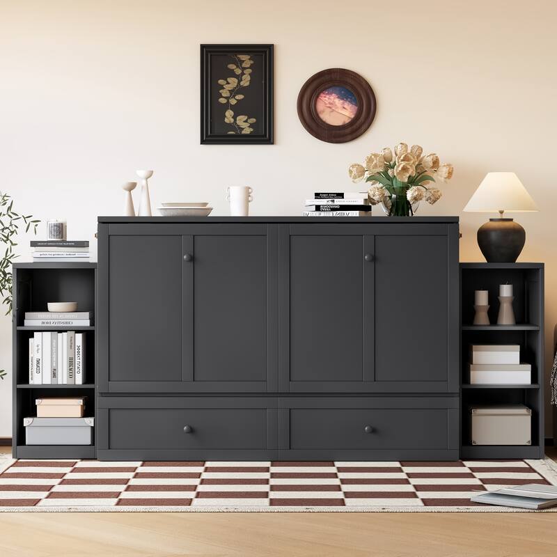 Queen Murphy Bed with Storage Drawers & Shelves for Guest Room