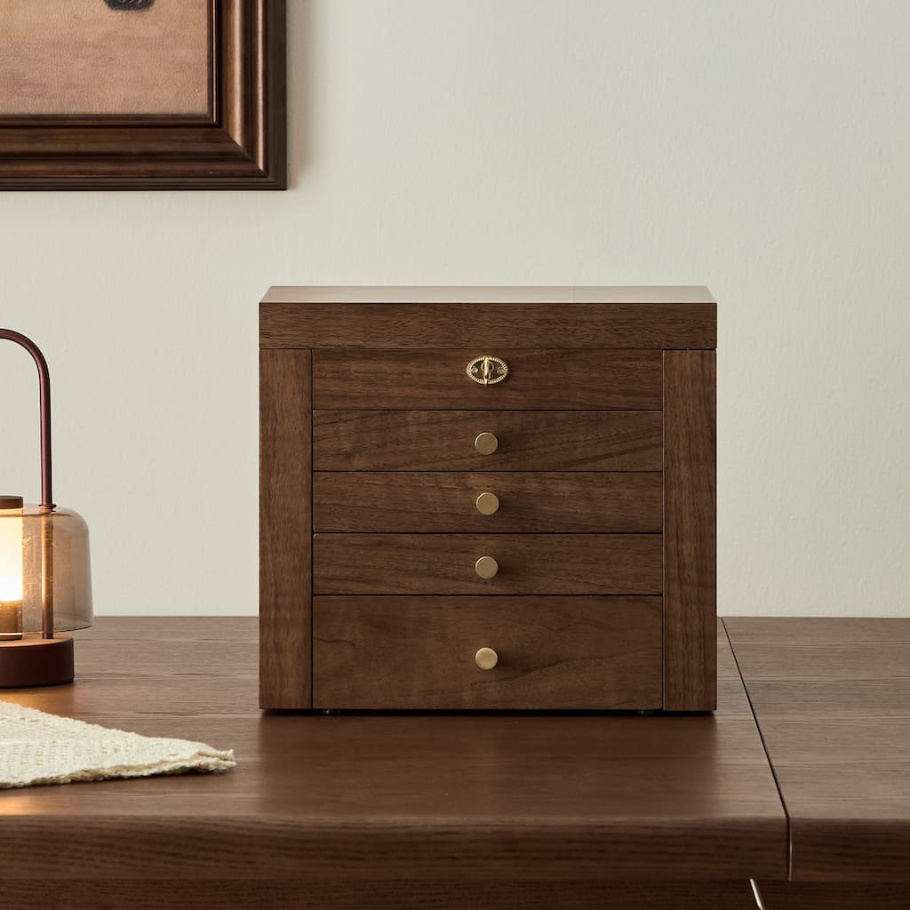Walnut Color Pull-out with Locking and Mirror 5-Layer Jewelry Box - 11.82
