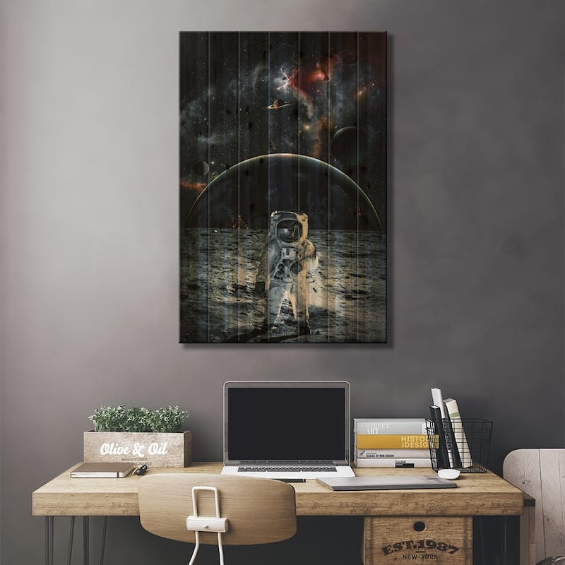 Astronaut On Grey Moon Print On Wood by GEN Z - Multi-Color