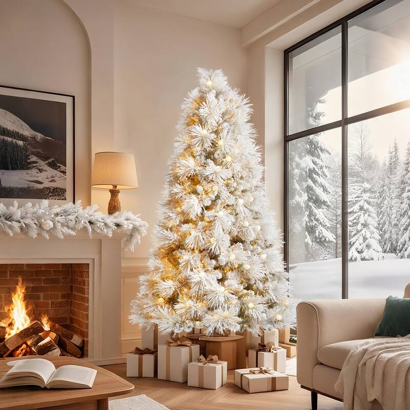 Glitzhome 7.5FT/9FT Pre-Lit Flocked Snowy Full Pine Artificial Christmas Tree with Warm White Globe Lights & Foot Switch