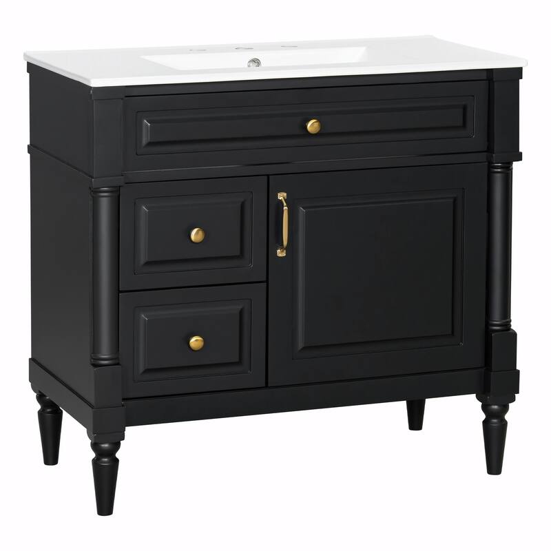 36" Bathroom Vanity with Sink, Freestanding Bathroom Cabinet with Ceramic Basin, Flip Drawer