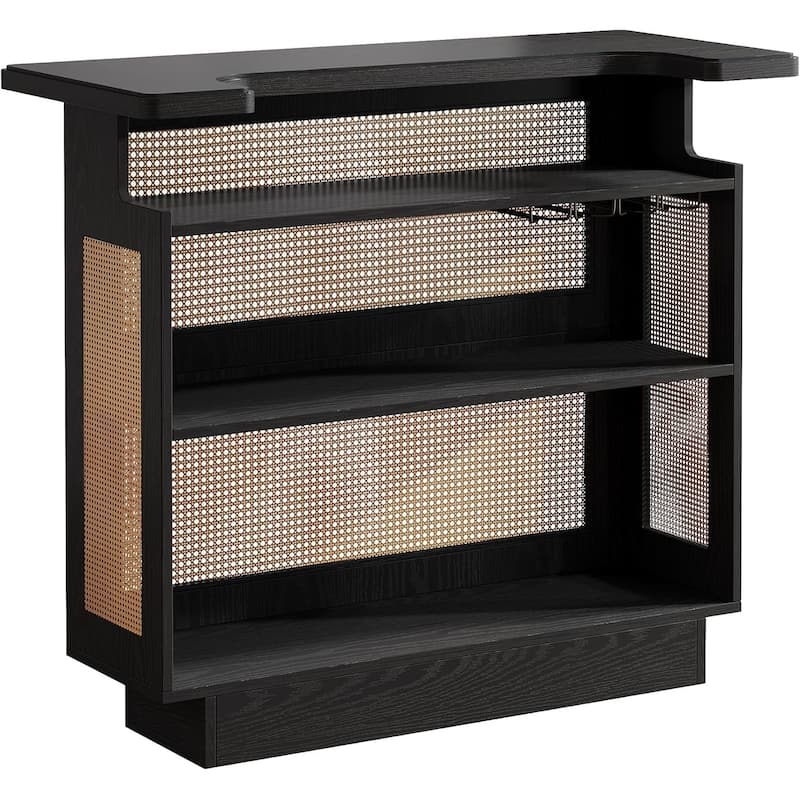 Rattan Home Bar Unit, 4-Tier Bar Table with 4 Stemware Racks and Heightened Base, Liquor Wine Bar Cabinet
