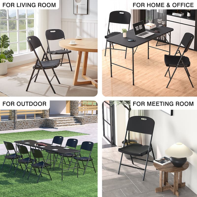 VECELO Black Folding Chairs Set, Metal Dining Chairs, Indoor/Outdoor Use Plastic Seat with Steel Frame