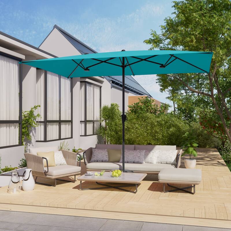 LIVOOSUN 10 x 6.5Ft Large Double-Sided Rectangular Outdoor Patio Market Umbrella with Crank, Gray - Lake Blue