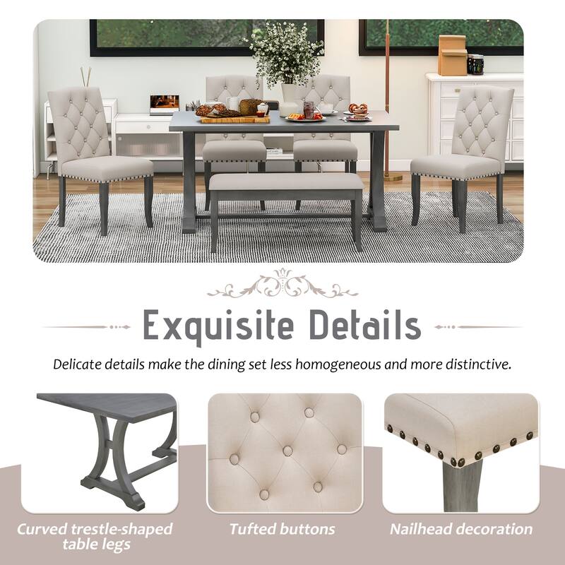 6-Piece Farmhouse Dining Table Set, Rectangular Trestle Table and 4 Upholstered Chairs & Bench for Dining Room