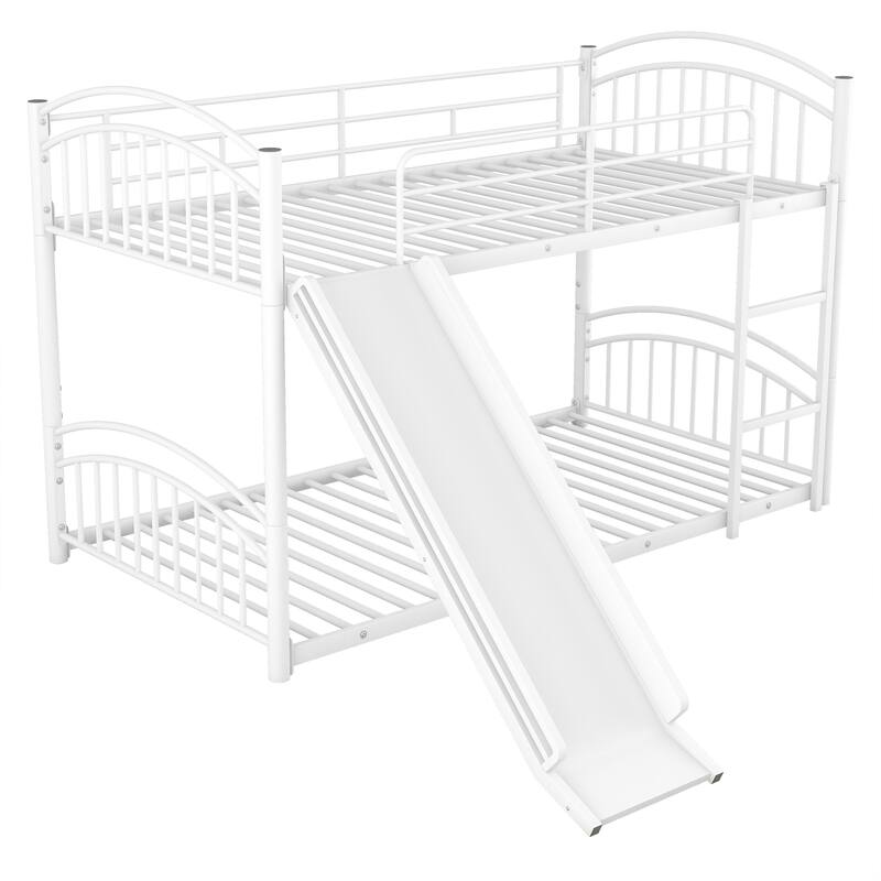 Metal Twin Over Twin Bunk Bed with Slide - Kids House Style Bed in White