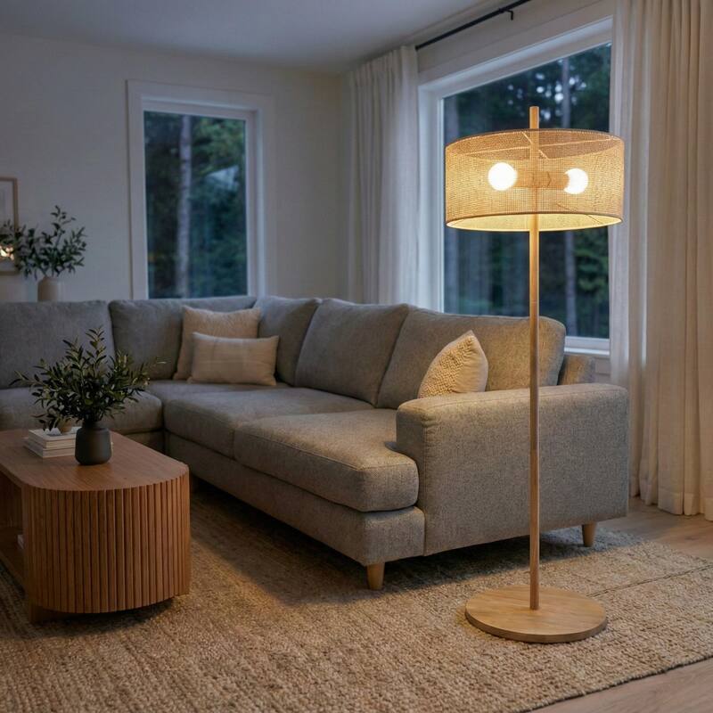 Layla Natural Wood Floor Lamp with Linen Drum Shade