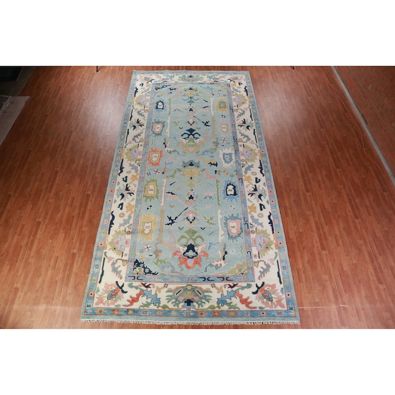 Light Blue Floral Oushak Indian Large Rug Handmade Wool Carpet - 8'11" x 17'7"
