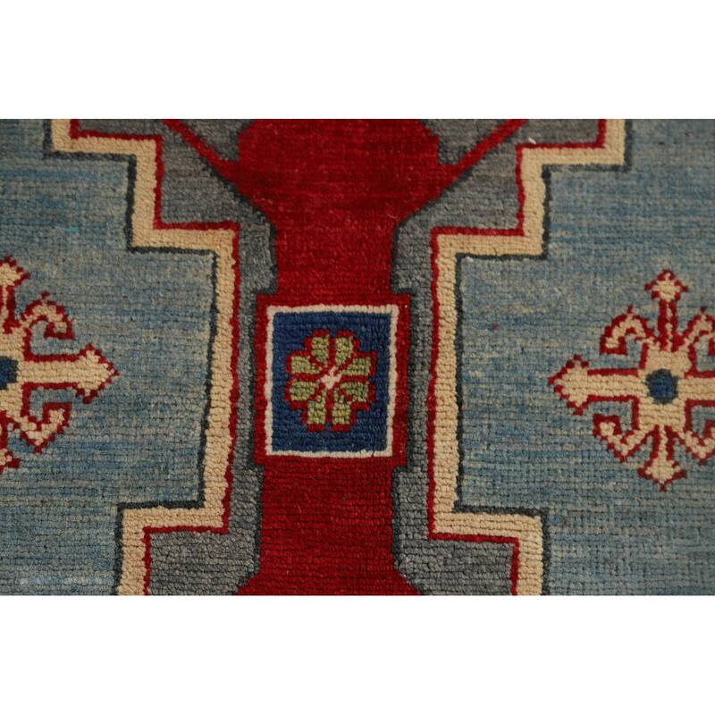 Light Blue Geometric Kazak Accent Rug Handmade Wool Carpet - 3'3" x 4'11"
