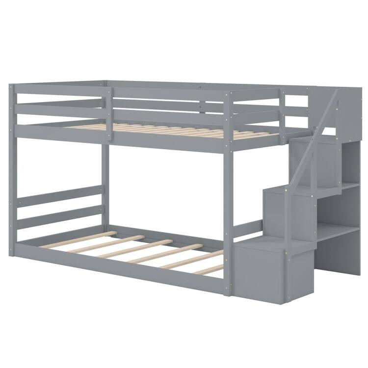 Twin Over Twin Low Bunk Bed with Storage Stairs, Floor Bunk Bed Frame - Grey