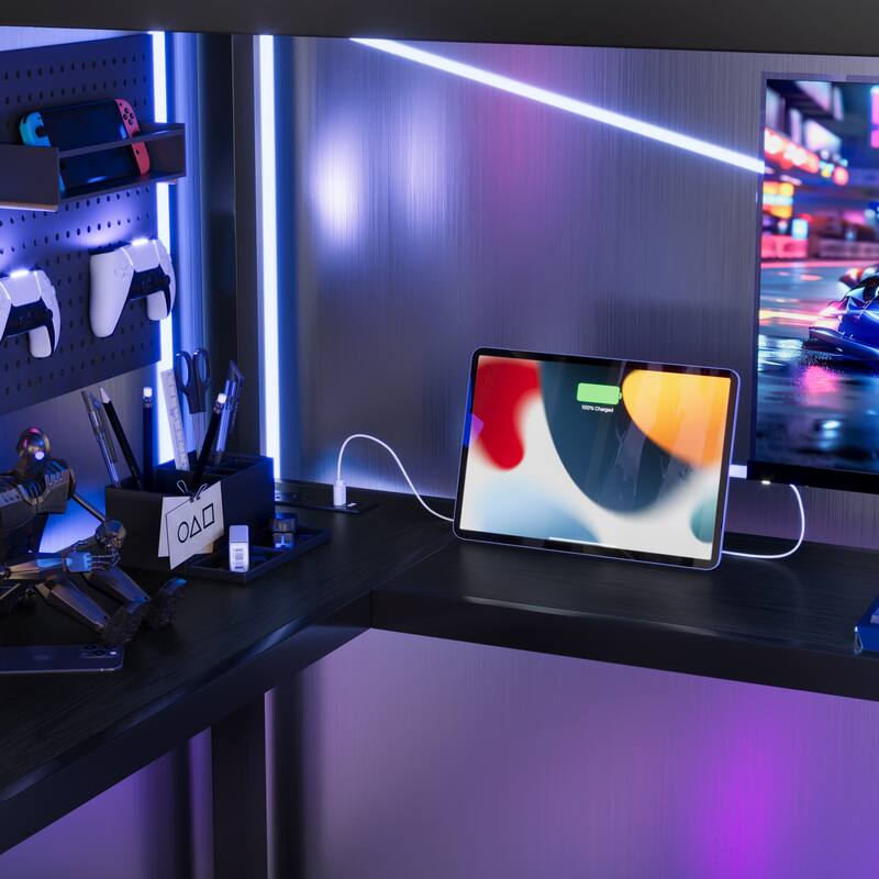 Twin XL/Full XL Metal Loft Bed with L-Shaped Desk, USB, LED Lights, Wardrobe & Storage Stairs for Kids/Teens/Adults