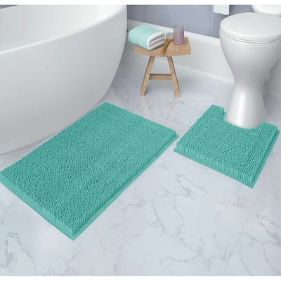 Large 2 Piece Set Turquoise Soft Cozy Plush Chenille Bath Mat Bathroom Rug