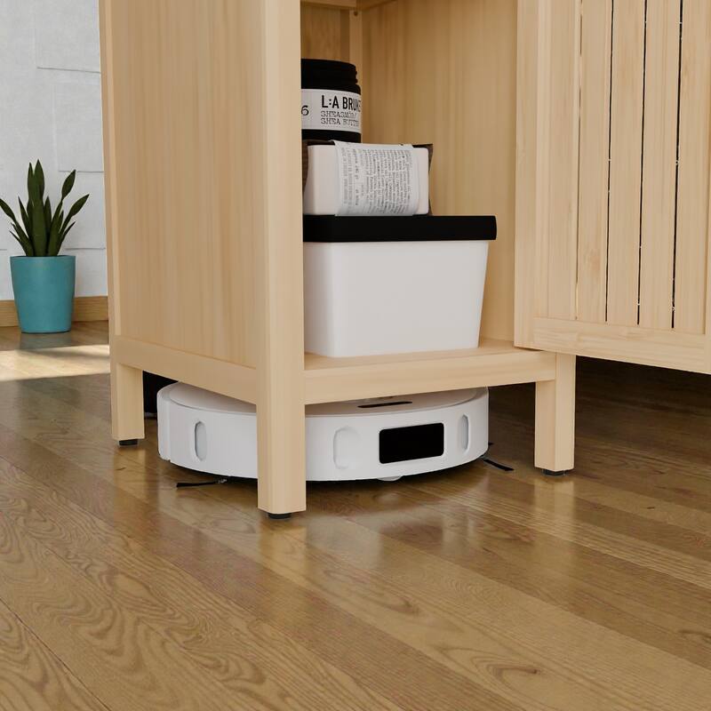 65'' Natural Bamboo Tall Storage Cabinet, Thin Bathroom Tower with Doors, Open Shelf & Interior Shelves for Small Spaces