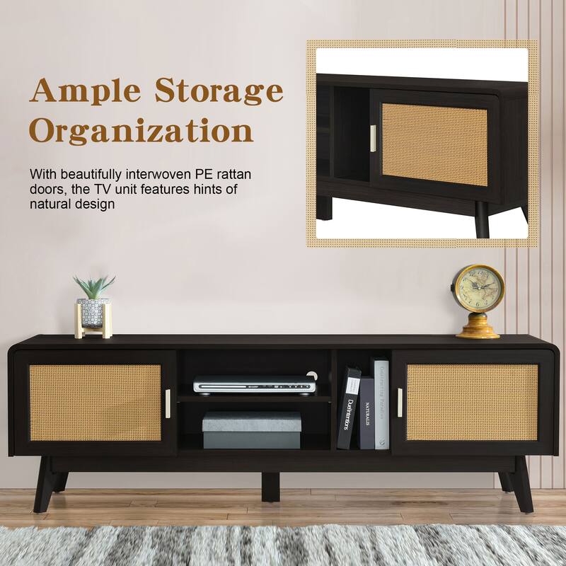 Dark Rattan TV Stand with 2 Storage Cabinets for 65 Inch TV, Entertainment Center with Solid Wood Legs, Media Console Table