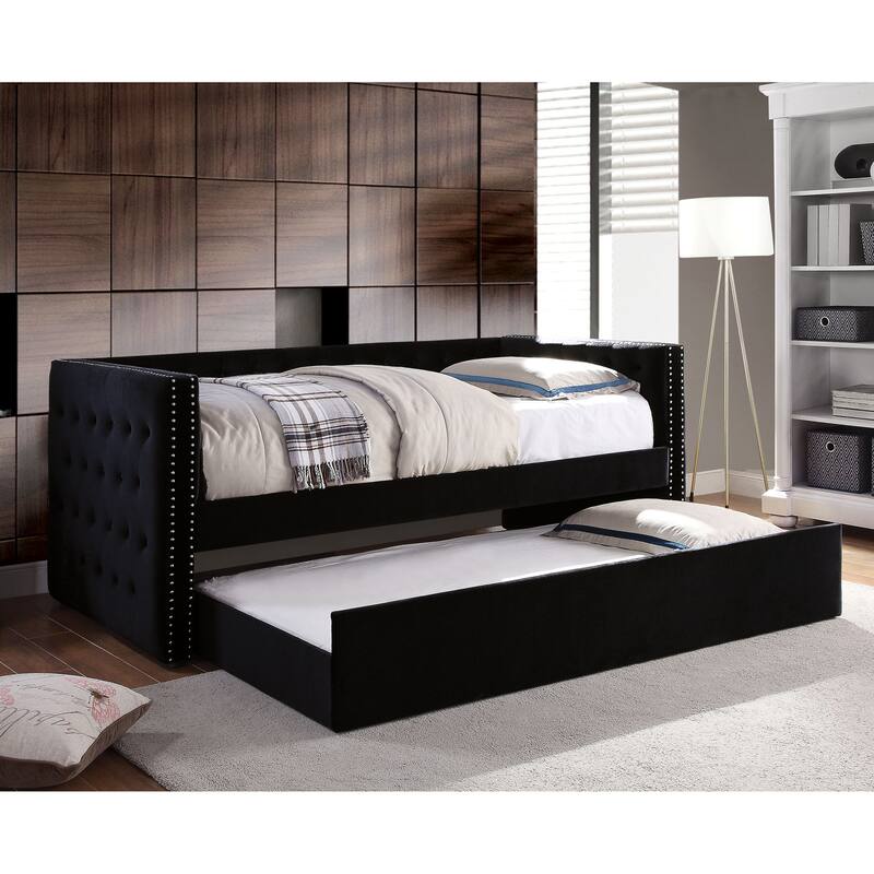 Gracewood Hollow Mokatsi Glam Tufted 2-Piece Daybed with Trundle Set - Black