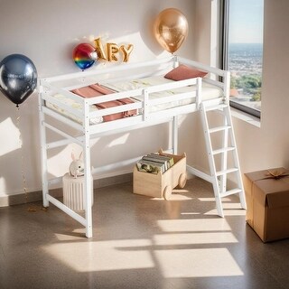 Comprehensive Design Twin Size High Loft Bed with inclined Ladder and Guardrails, Under Bed Capacious Space, Space-saving, White