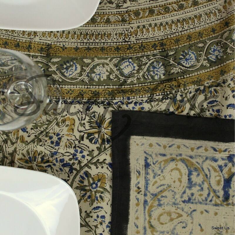 Kalamkari Cotton Block Print Floral Bless Paisley Tablecloth Rectangle