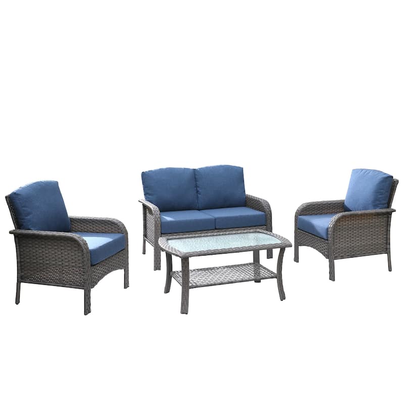 HOOOWOOO 4-piece Wicker Outdoor Conversation Set with Glass Coffee Table