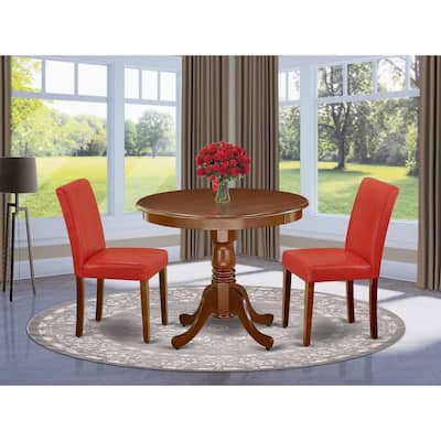 Dinette Set 3Pc Table & Chairs - 36 Inch Round Kitchen Table with PU Leather Parsons Chairs - Firebrick Red