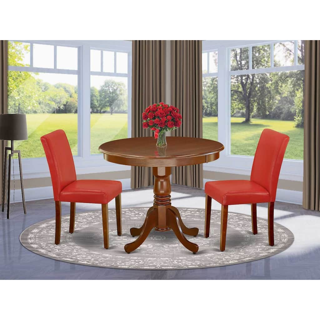 Dinette Set 3Pc Table & Chairs - 36 Inch Round Kitchen Table with PU Leather Parsons Chairs - Firebrick Red